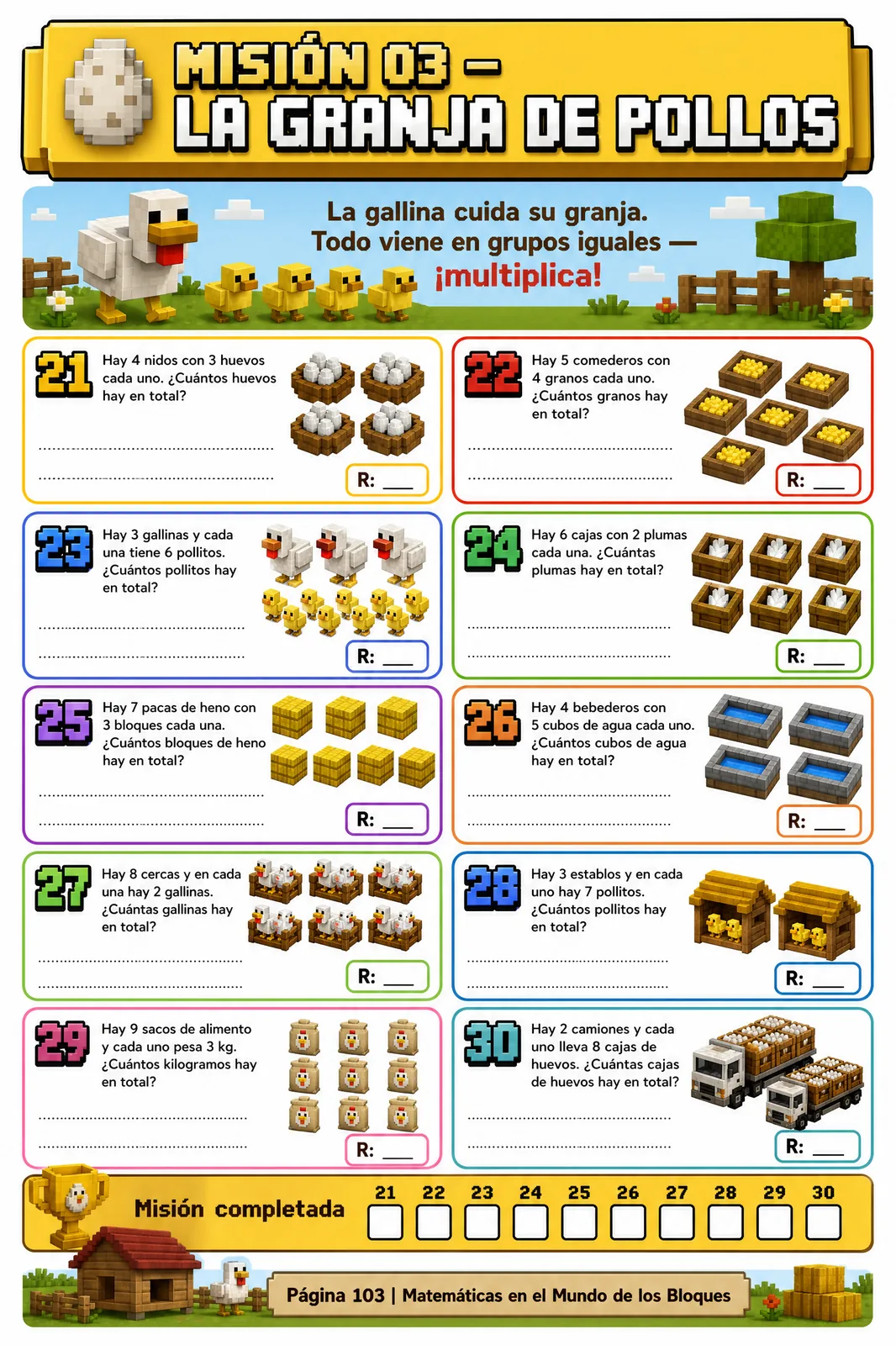 Misión 03 · La Granja de Pollos · Retos 21–30